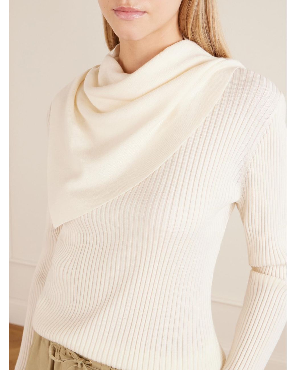 Zimmermann Natural Valiant Scarf-Detailed Ribbed-Knit Wool Sweater