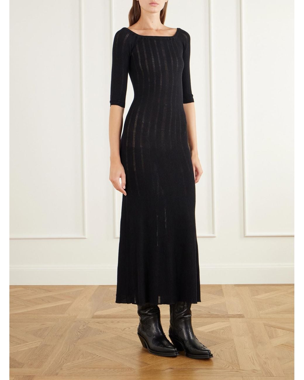 Gabriela Hearst Black Vivia Ribbed Pointelle-Knit Wool Midi Dress