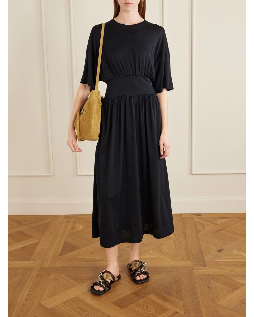 Totême  Black Cotton And Silk-Blend Midi Dress