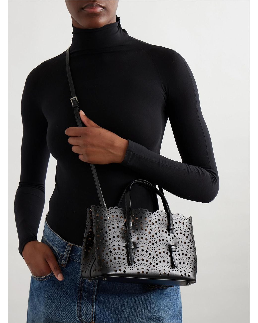Alaïa Black Mena 25 E/W Medium Laser-Cut Leather Tote