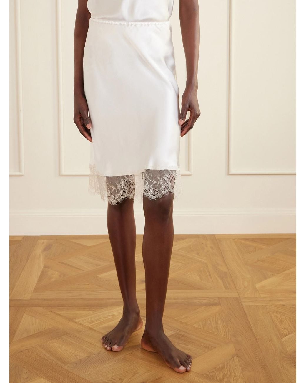 Carine Gilson White Lace-Trimmed Silk-Satin Midi Skirt
