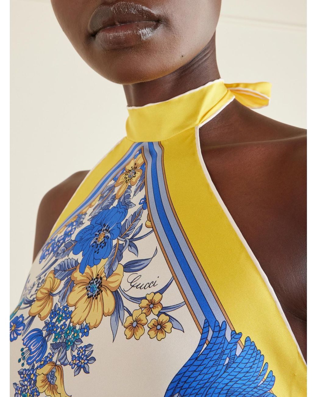 Gucci Blue Printed Silk-Twill Halterneck Top