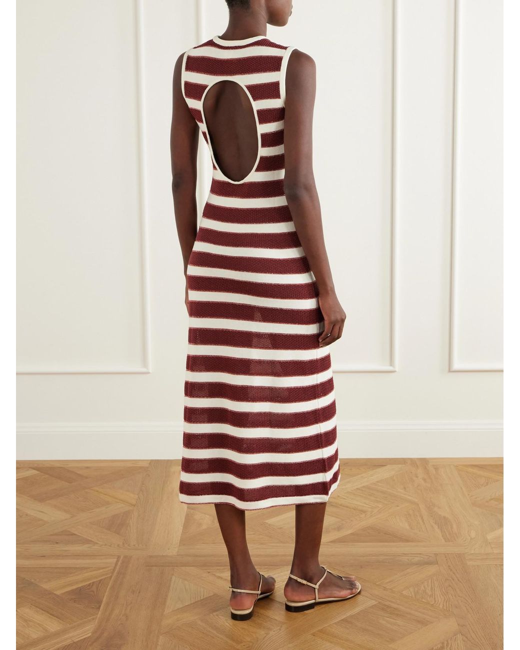 Eres White Régulière Striped Metallic Cotton-Blend Midi Dress