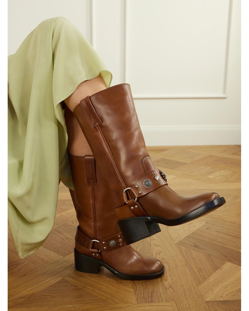 Chloé Brown Dakota Stud-Embellished Leather Knee Boots
