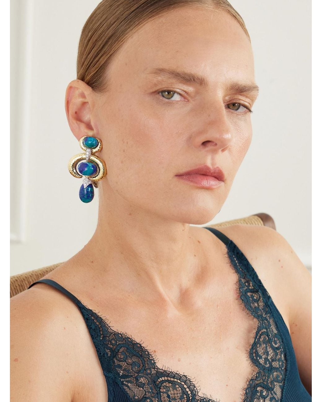 David Webb Blue Double Crescent 18-Karat And Platinum, Diamond And Azurmalachite Earrings