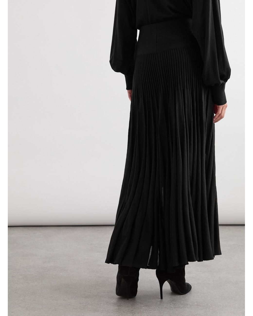 Alaïa Black Pleated Wool Midi Skirt