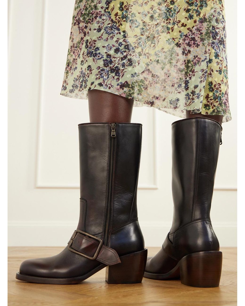 Dries Van Noten Black Buckle-Detail Leather Knee Boots