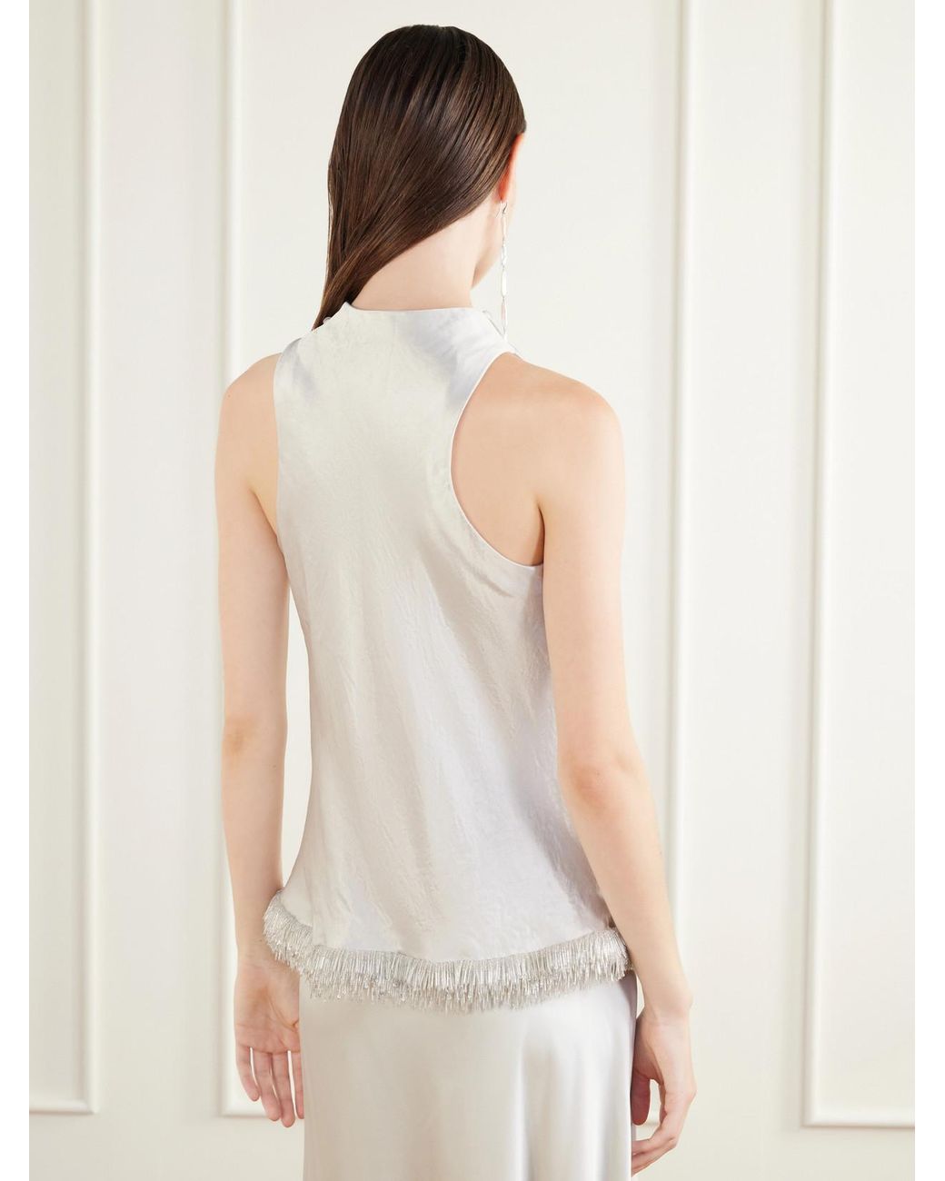 Abadia White Farah Bead-Embellished Satin Top