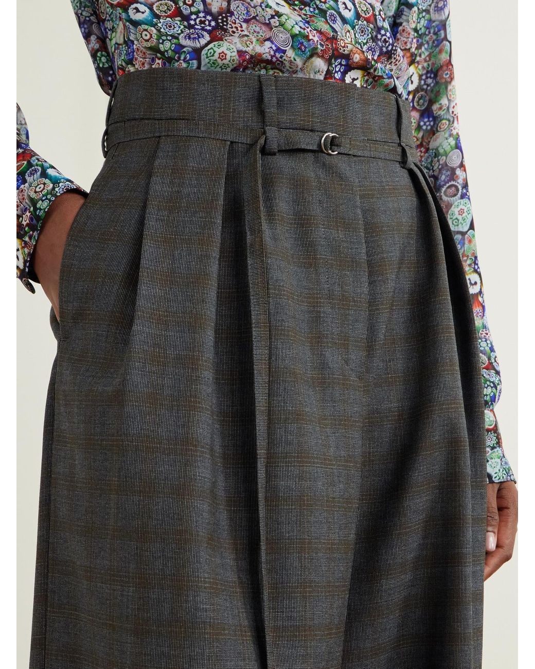 Dries Van Noten Gray Belted Checked Wool Wide-Leg Pants