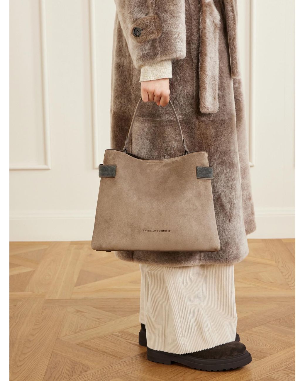Brunello Cucinelli Natural Bead-Embellished Suede Shoulder Bag