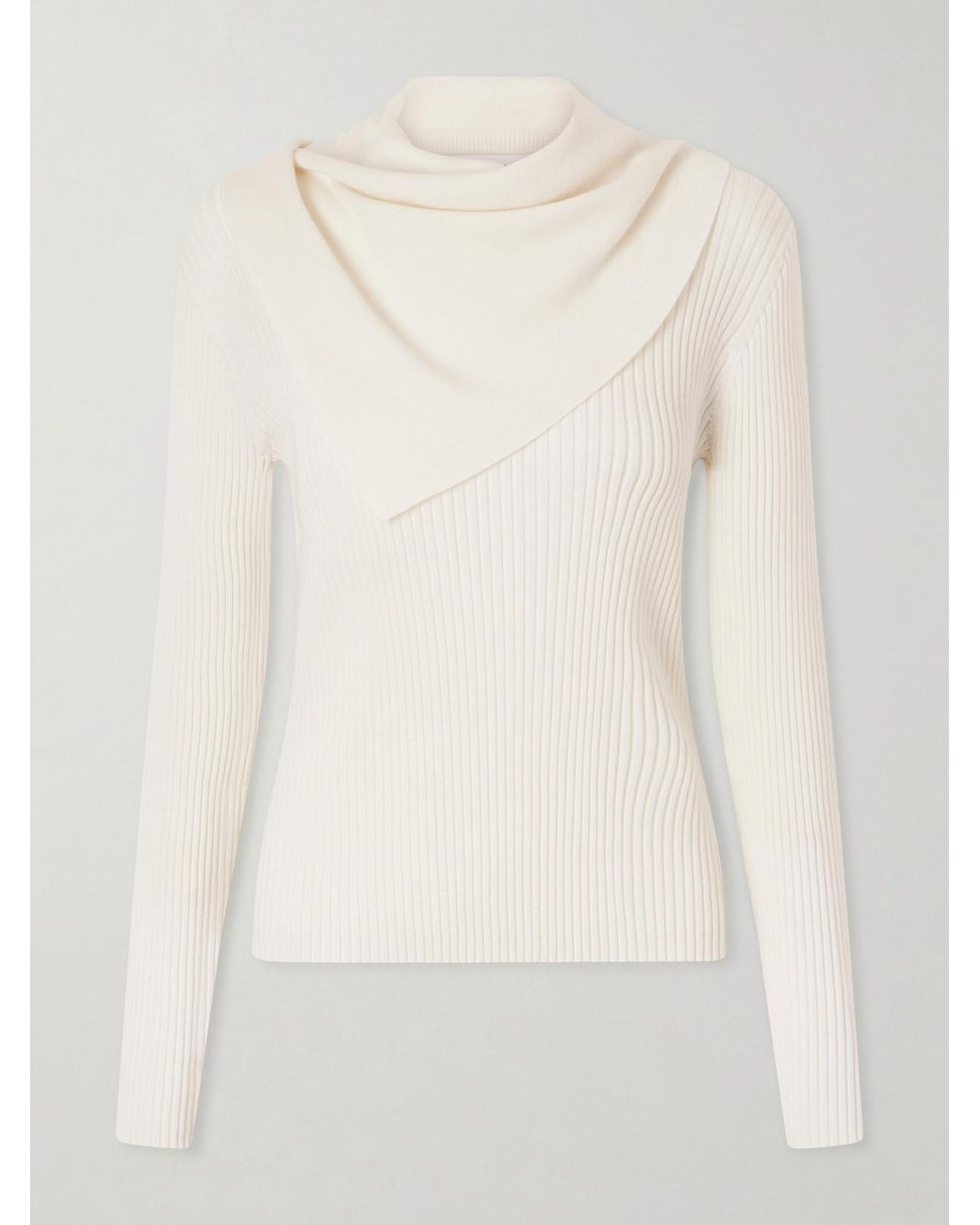 Zimmermann Natural Valiant Scarf-Detailed Ribbed-Knit Wool Sweater