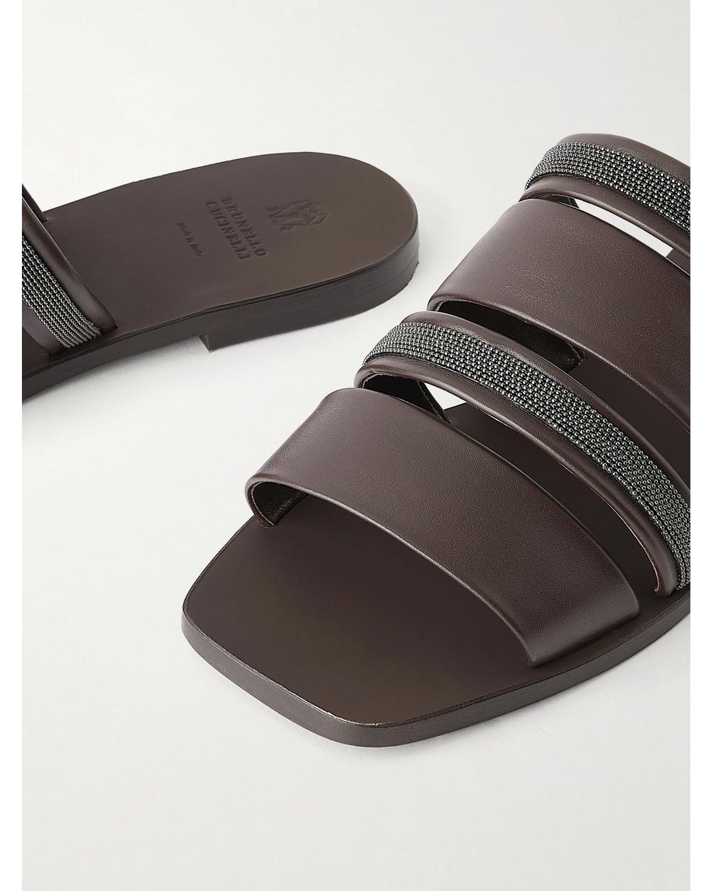 Brunello Cucinelli Brown Embellished Leather Sandals