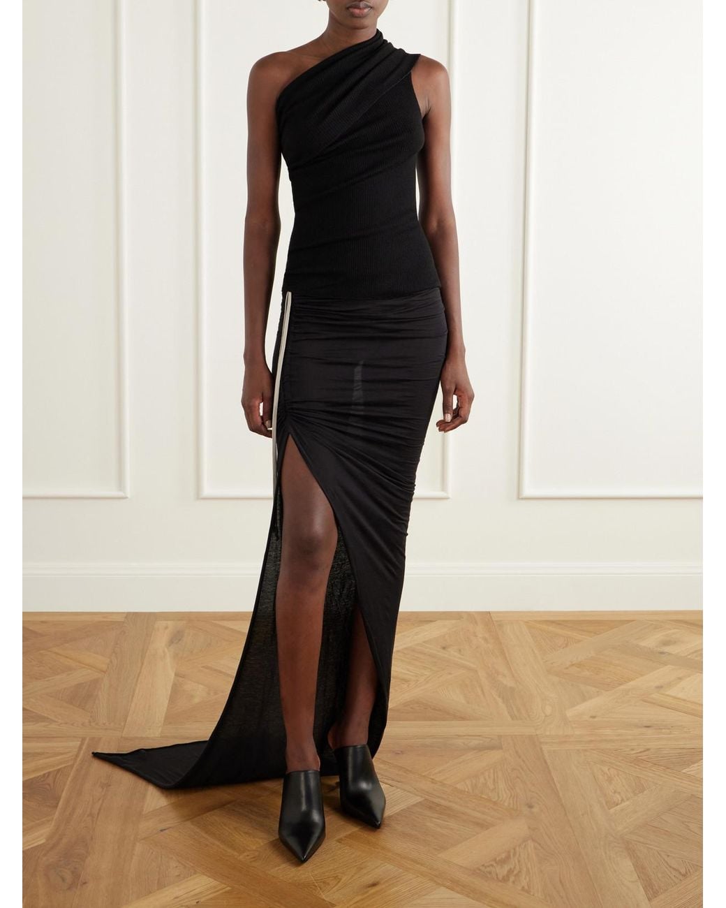 Rick Owens Black Drkshdw Ruched Cotton-Jersey Maxi Skirt