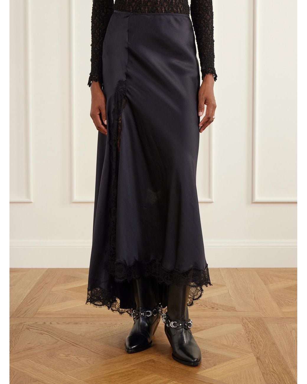 Isabel Marant Blue Alexandra Lace-Detailed Silk-Blend Satin Midi Skirt