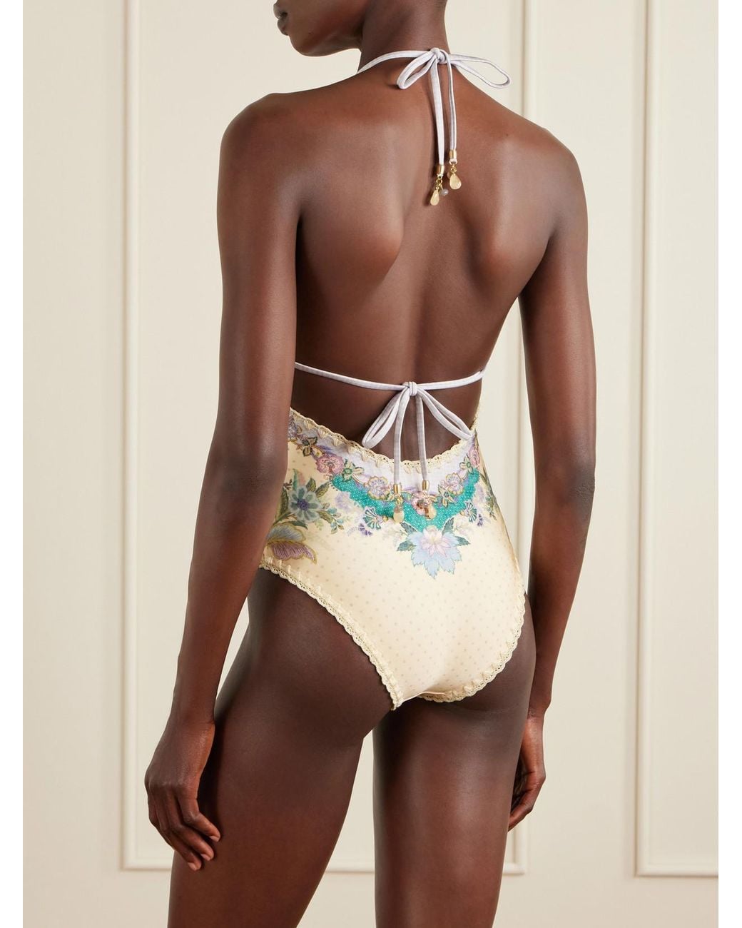 Zimmermann White Indra Floral-Print Crochet-Trimmed Swimsuit