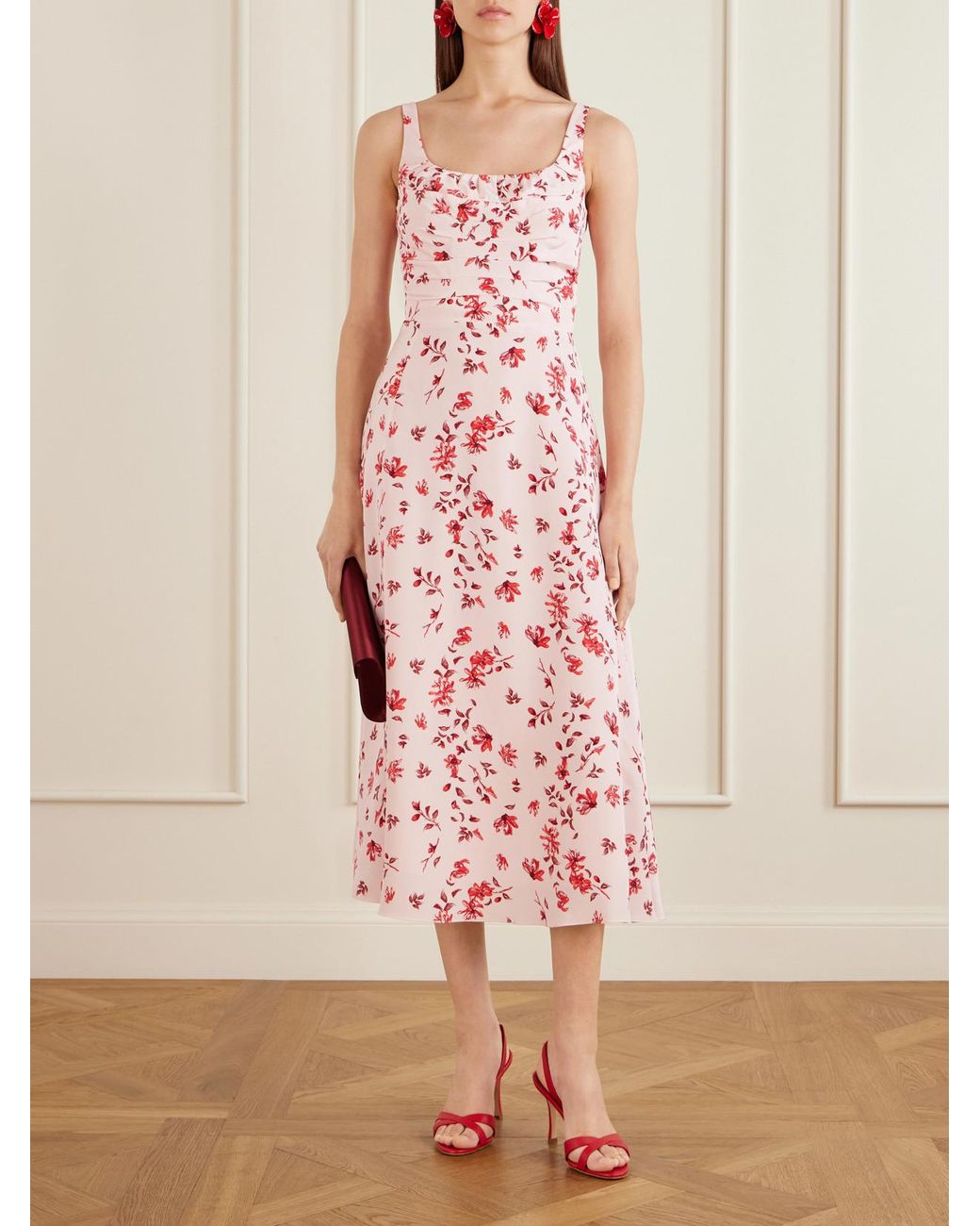 Emilia Wickstead Pink Verena Ruched Floral-Print Silk Midi Dress