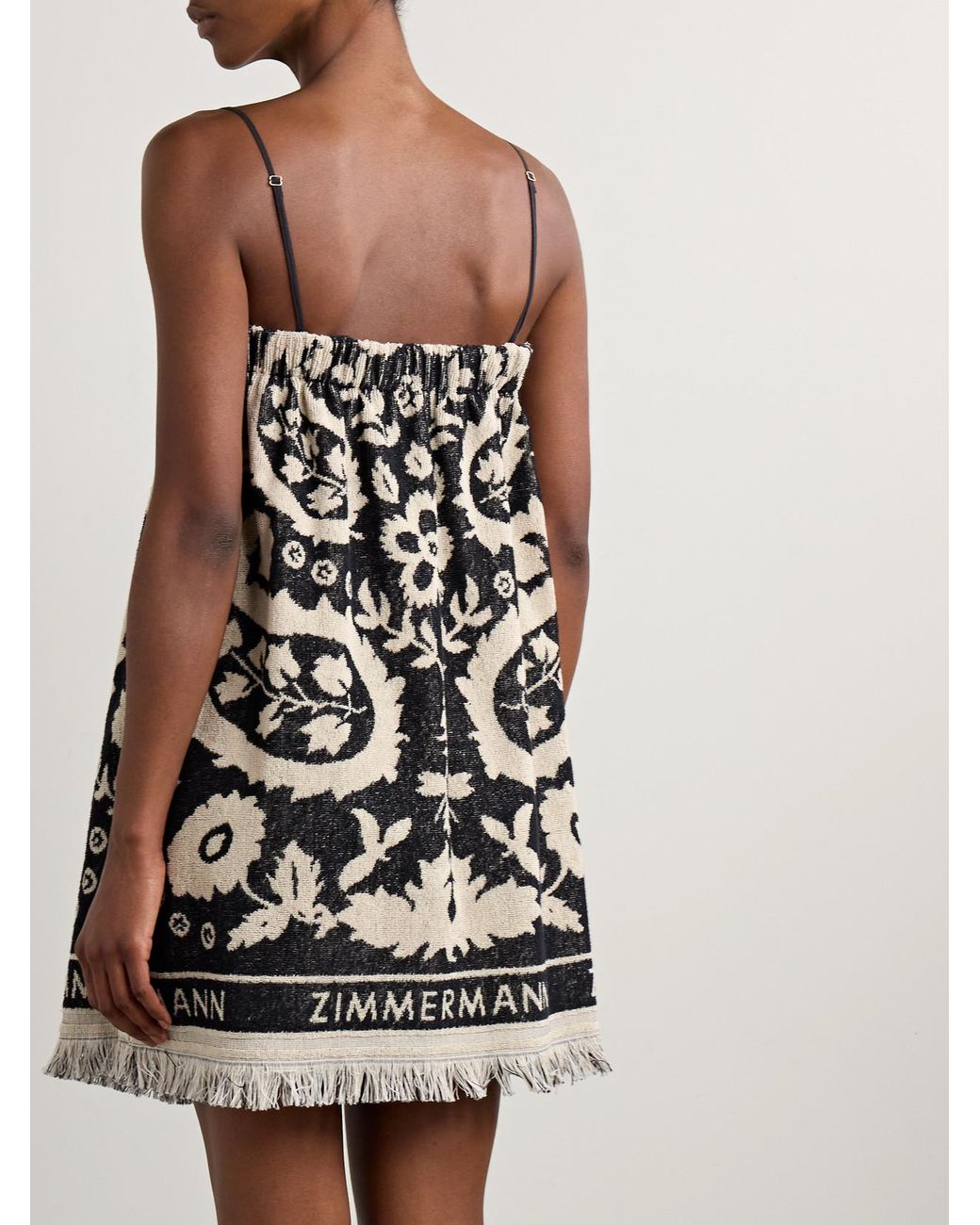 Zimmermann Rhiannon Fringed Cotton-Terry Jacquard Mini Dress in Black | Lyst