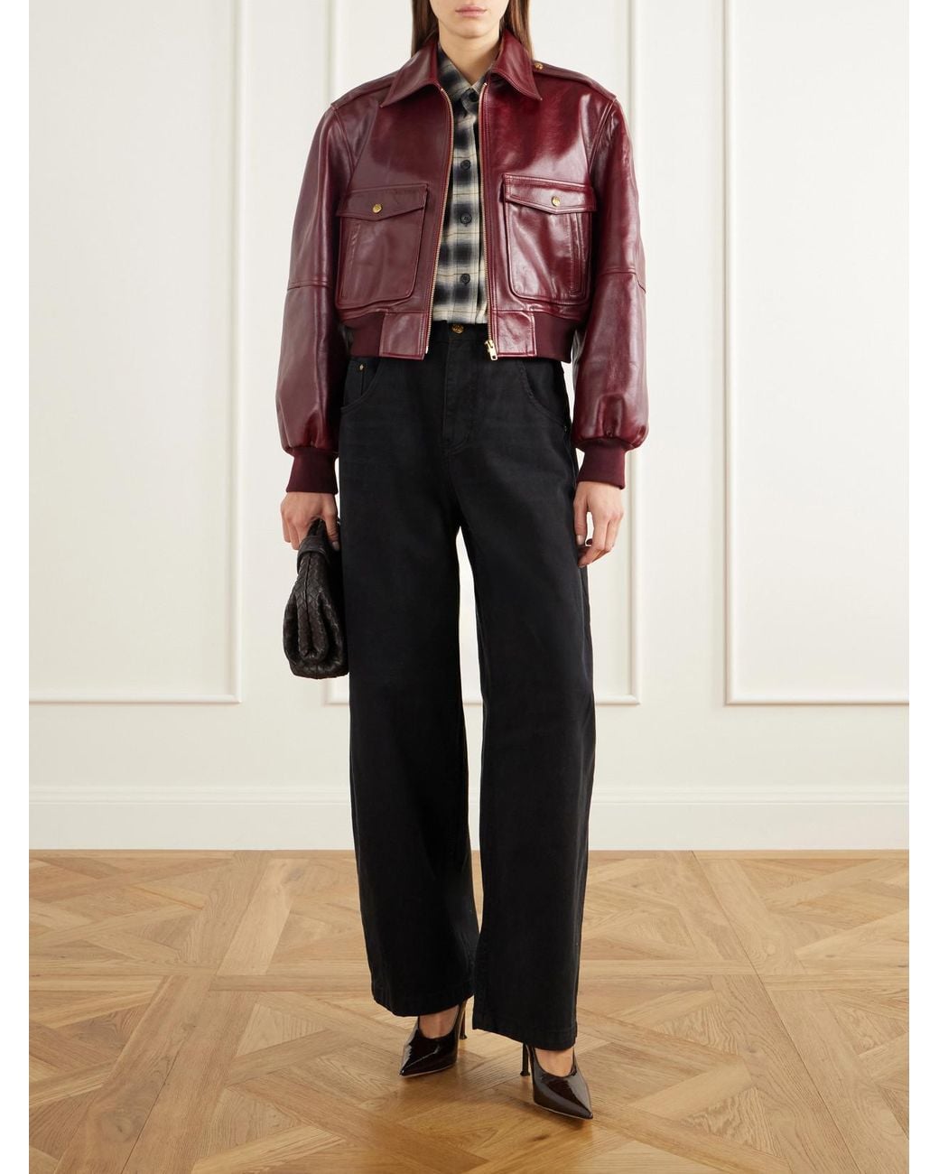 Willy Chavarria Red Cropped Leather Bomber Jacket