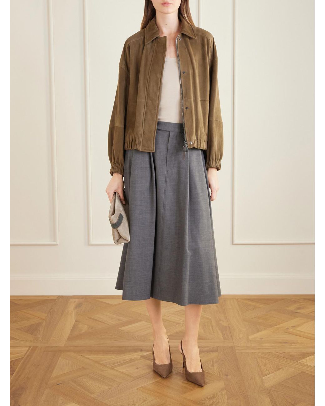 Brunello Cucinelli Brown Paneled Suede Bomber Jacket