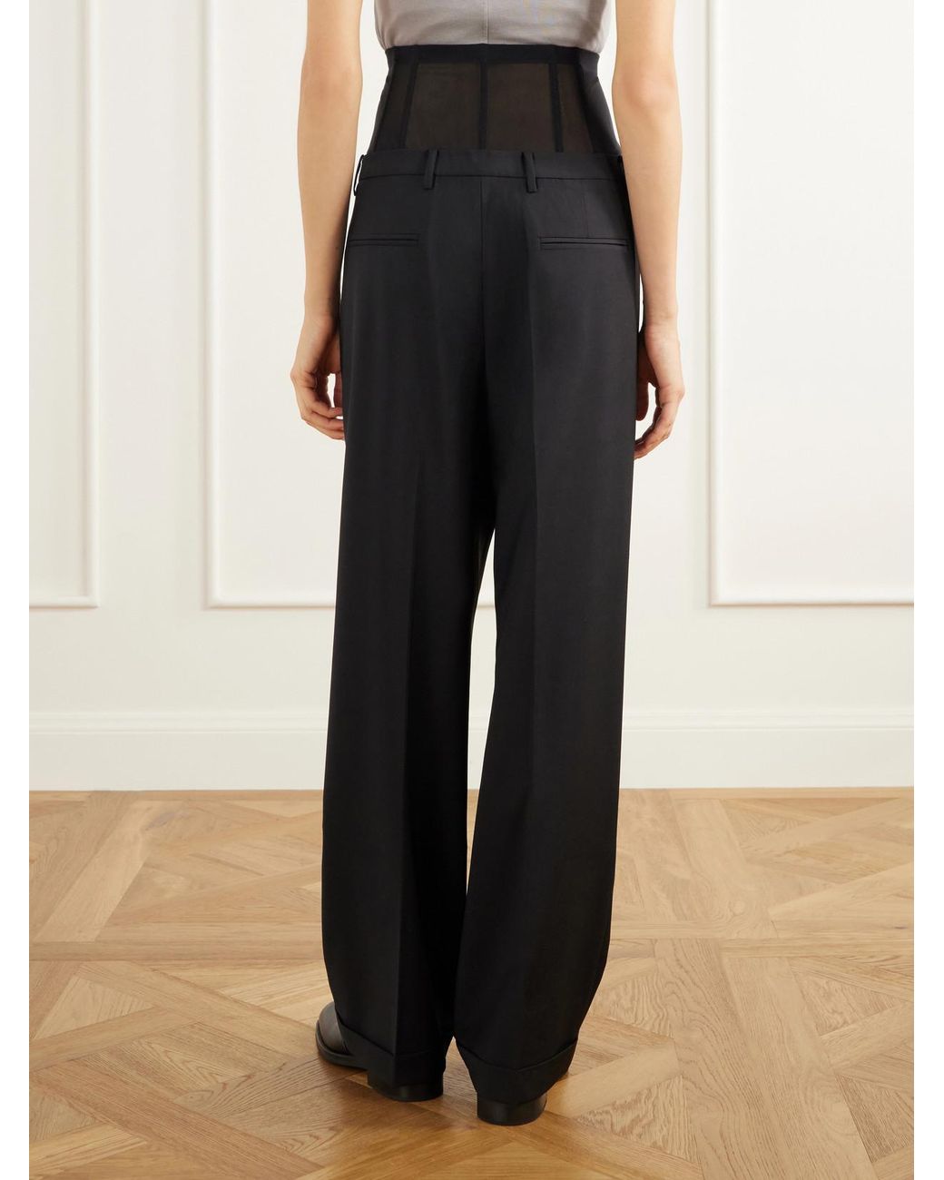 Tibi Black Mesh-Trimmed Pleated Fresco Straight-Leg Pants