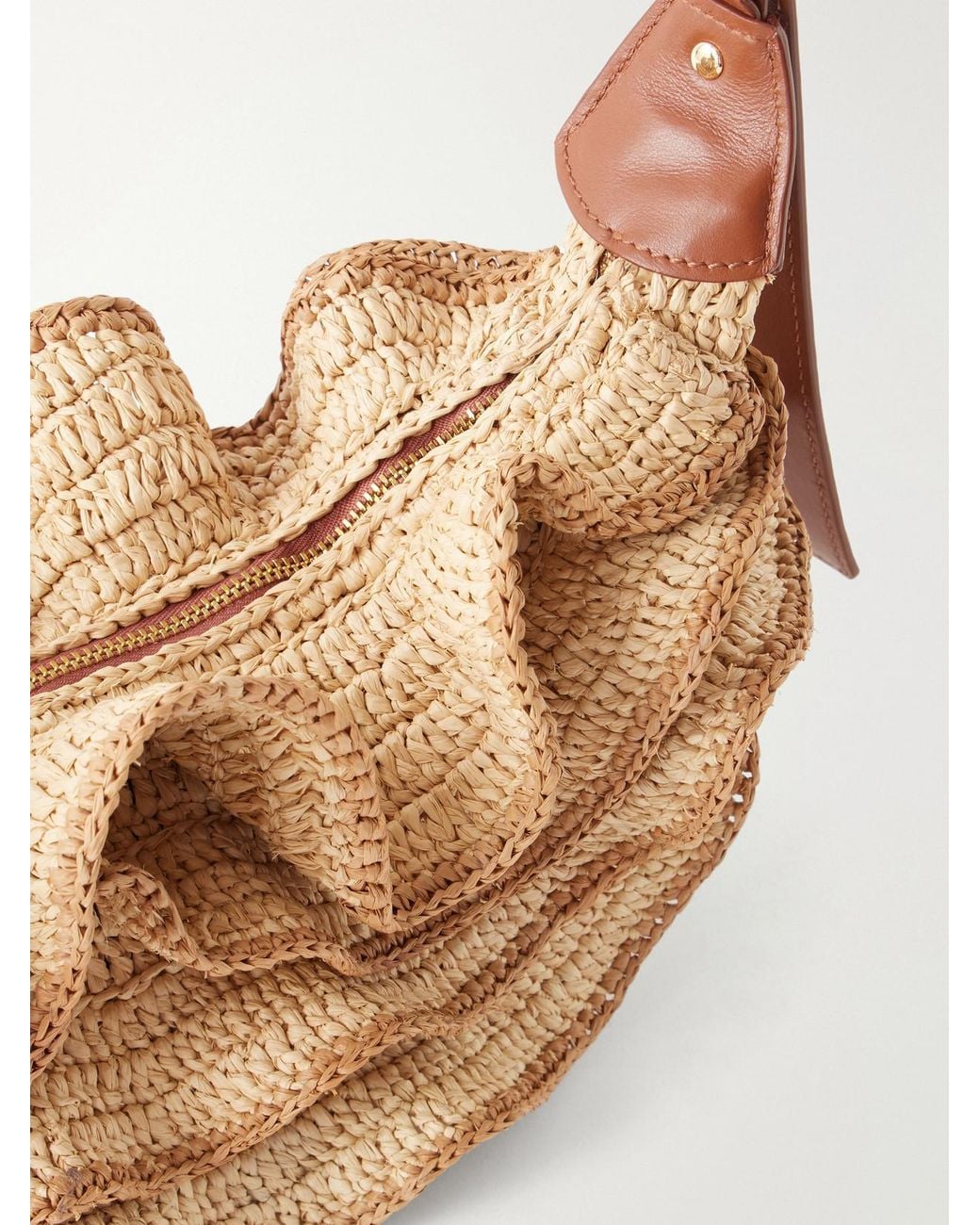Zimmermann Natural Goldentime Ruffled Leather-Trimmed Raffia Shoulder Bag
