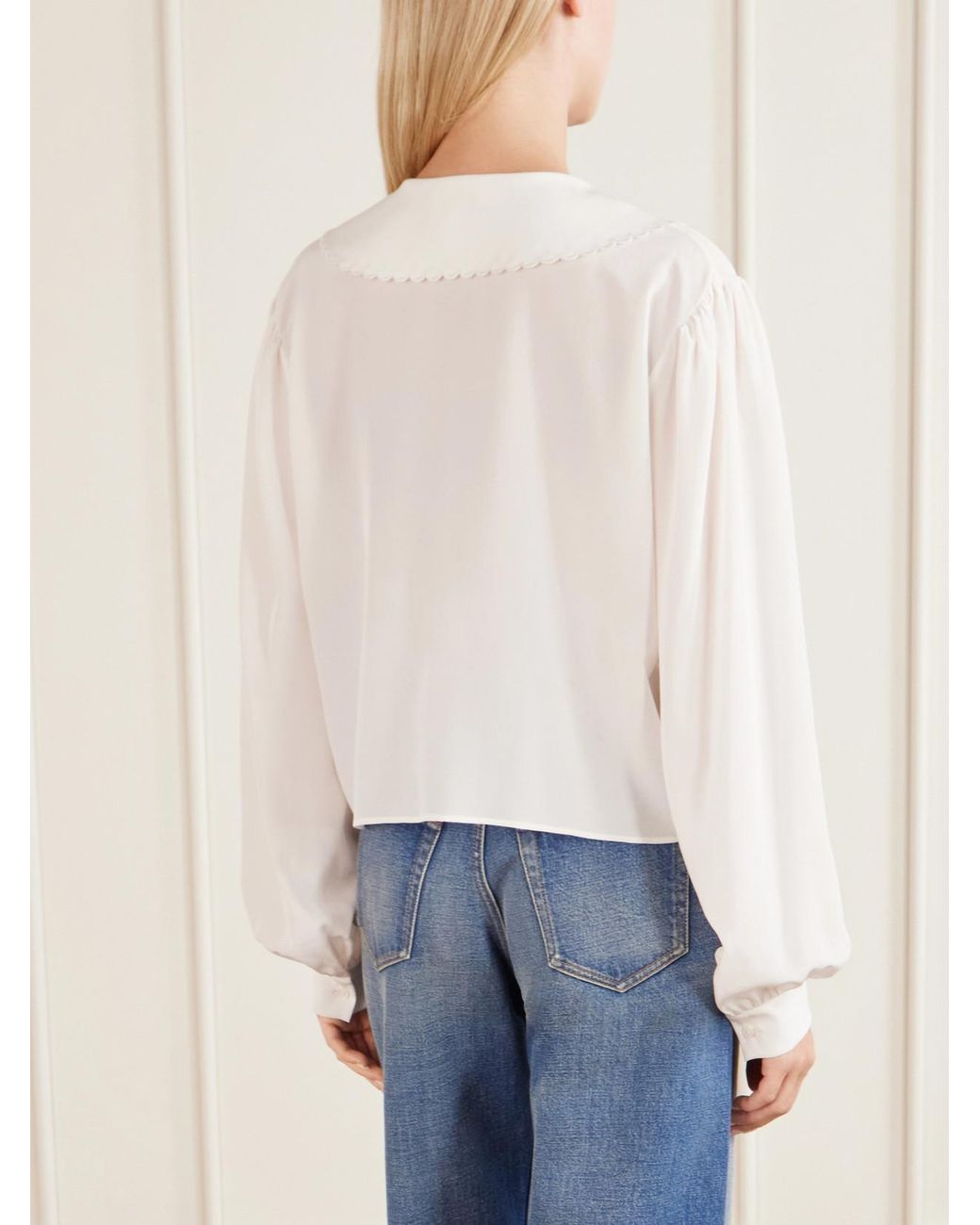 Chloé White Cropped Silk-Crepe De Chine Blouse