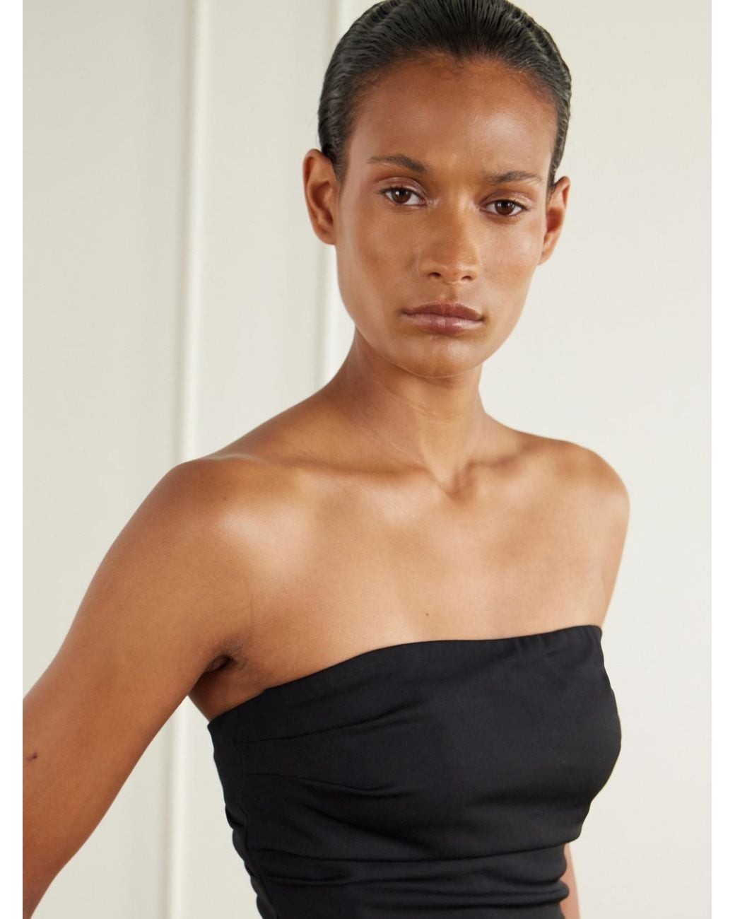 Colleen Allen Black Strapless Gathered Stretch Wool-Blend Tank