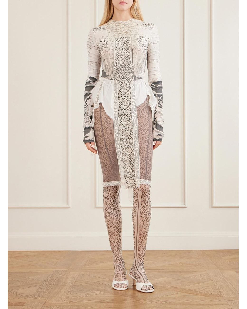 Dilara Findikoglu Natural Past Edges Printed Lace-Trimmed Stretch-Jersey Bodysuit