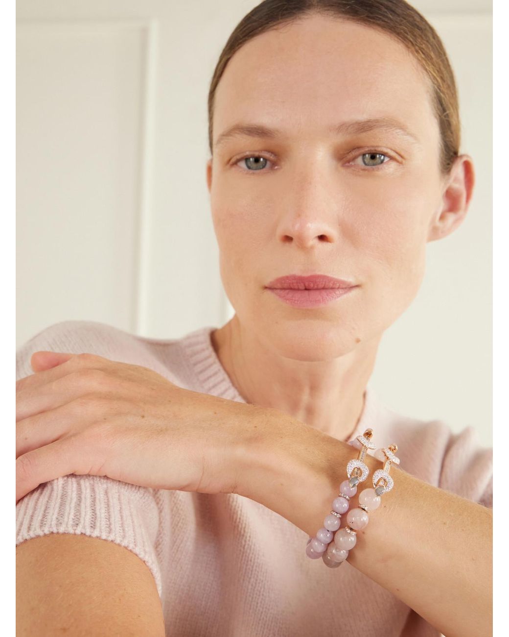 ANANYA Pink 18-Karat Rose Diamond Kunzite And Quartz Bracelet