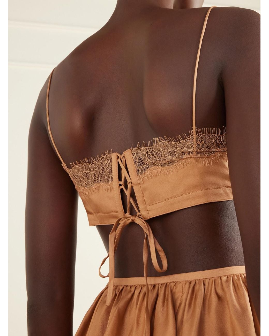Ulla Johnson Natural Leiko Cropped Chantilly Lace-Trimmed Silk-Twill Top