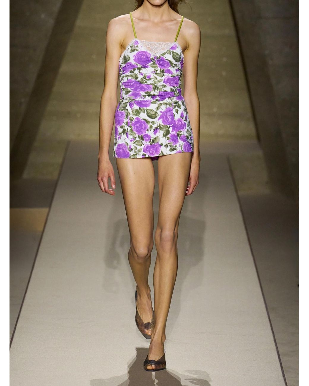 Chloé Pink Bow-Detailed Ruched Lace-Trimmed Floral-Print Swimsuit