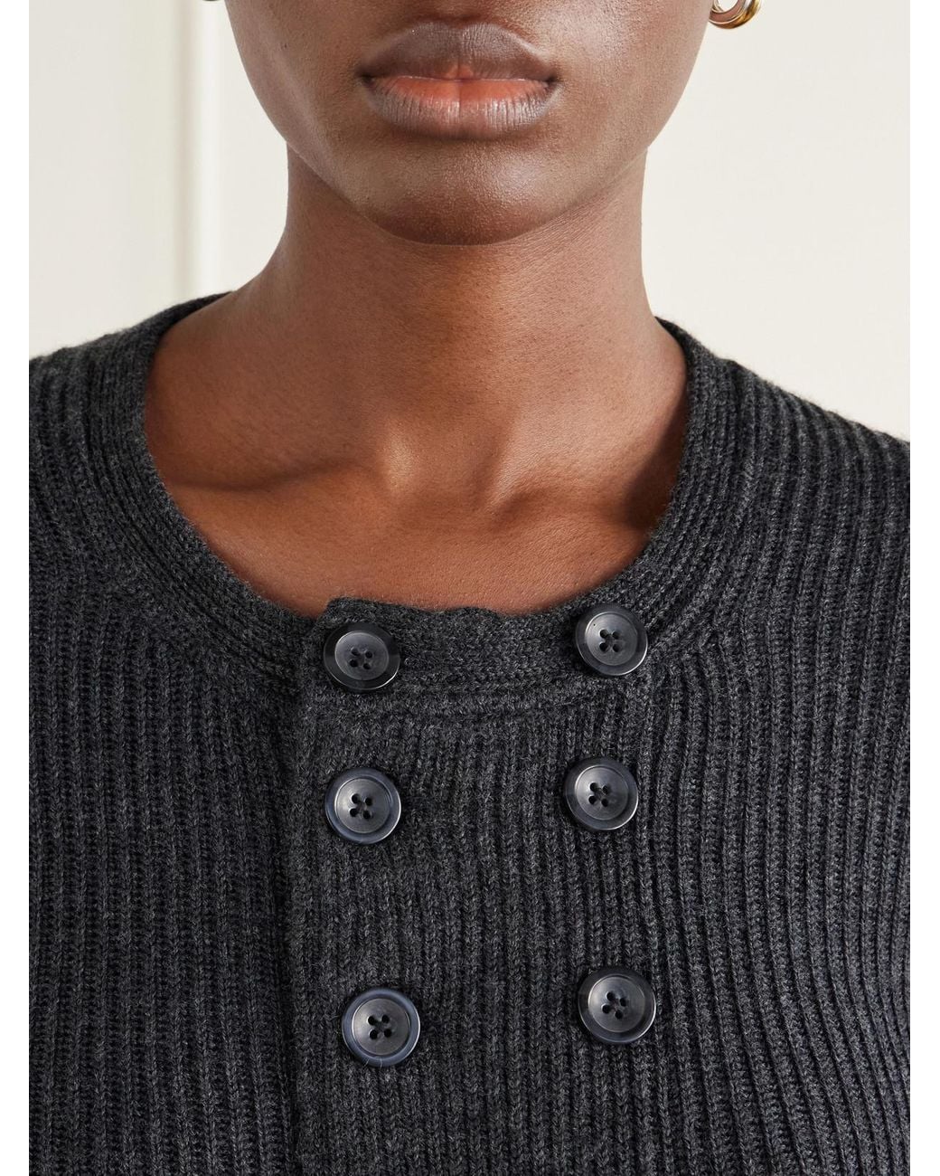 R13 Black Double-Breasted Ribbed-Knit Merino Wool Cardigan