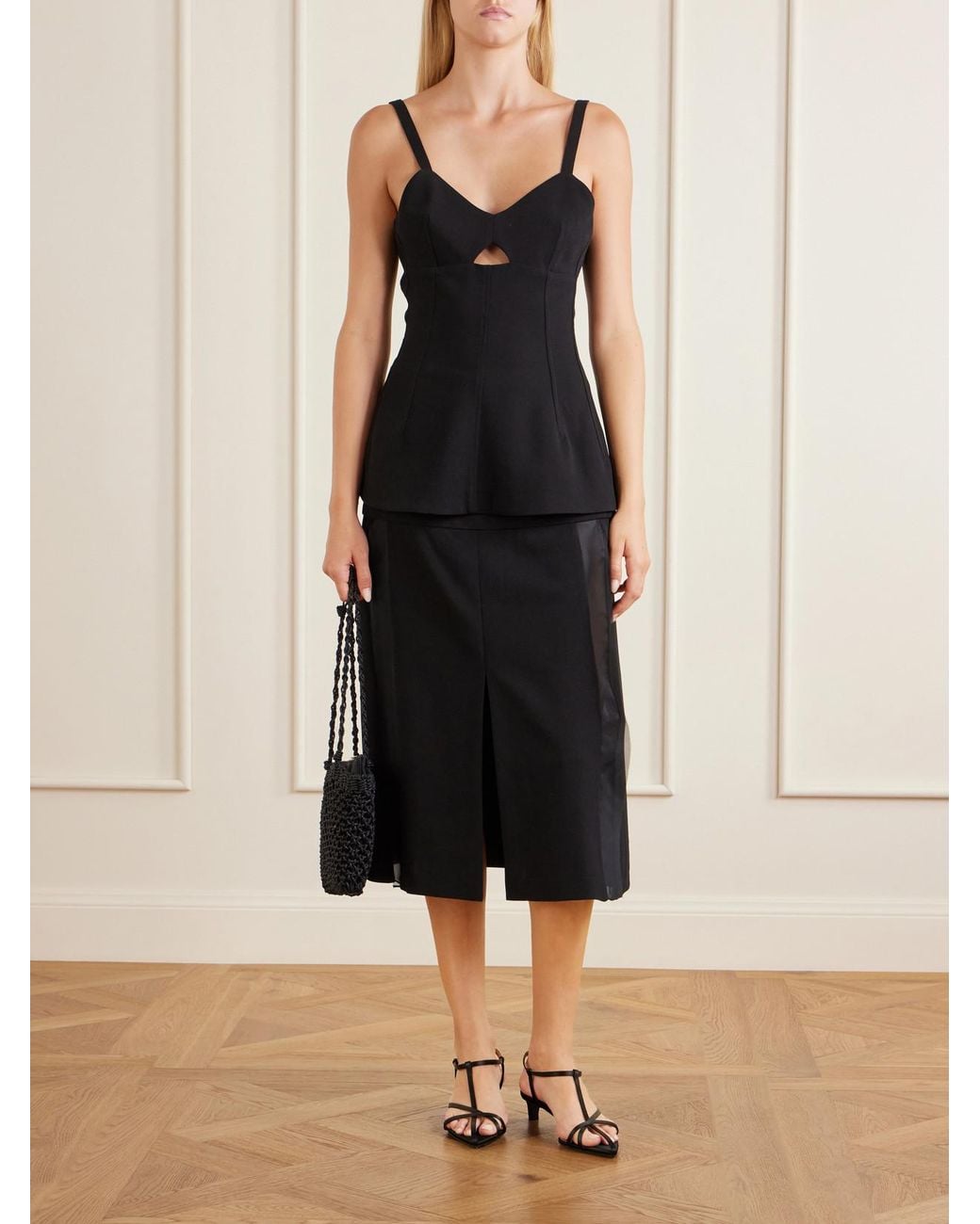 Jil Sander Black Satin-Trimmed Wool Midi Skirt