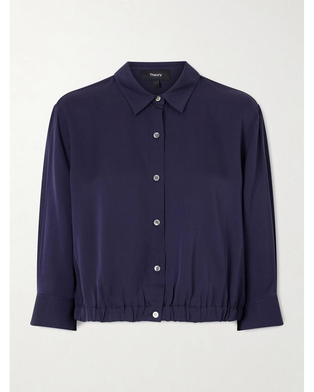 Theory Blue Gathered Crop Silk-Crepe Shirt
