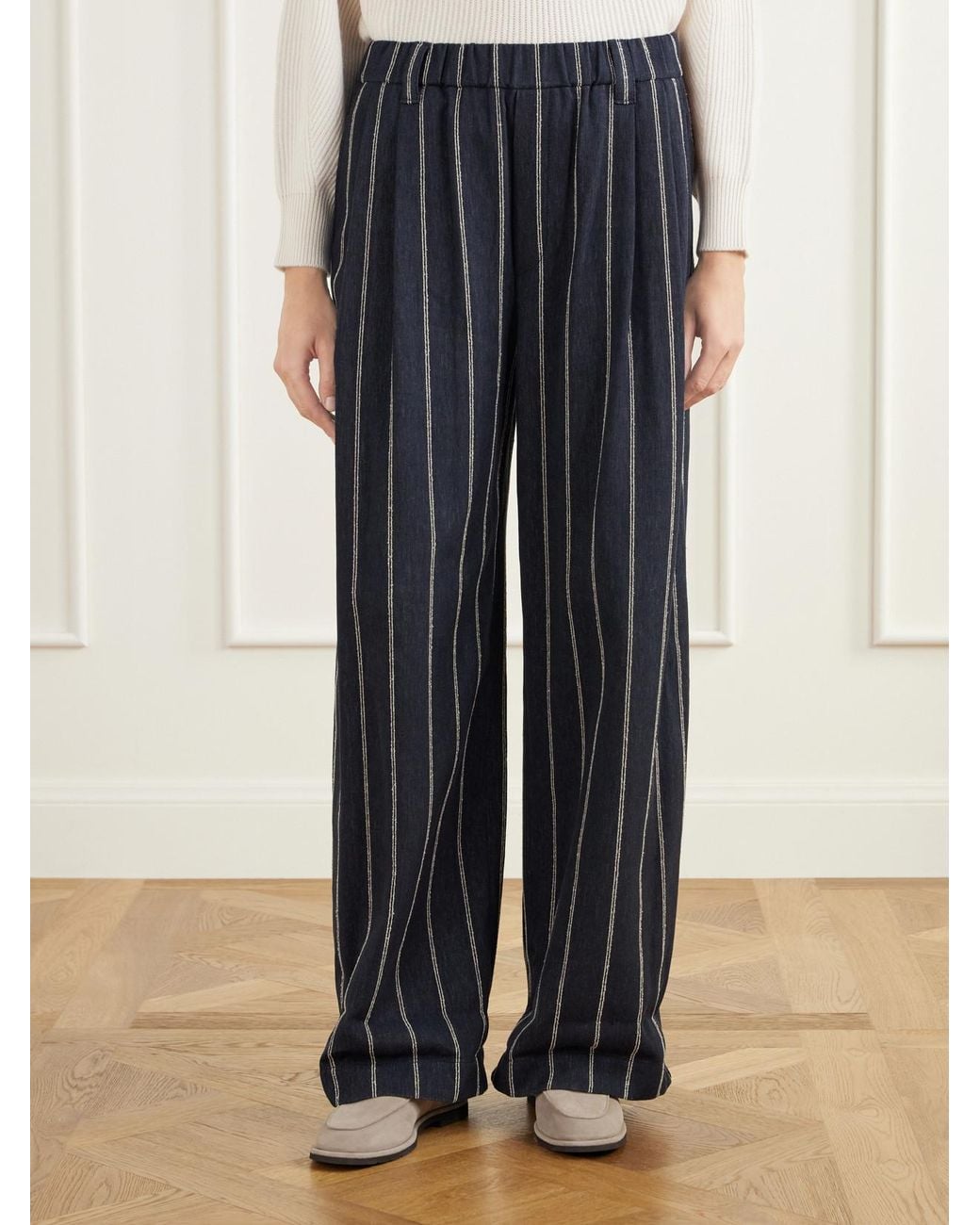 Brunello Cucinelli Blue Pleated Pinstriped Cotton-Blend Twill Wide-Leg Pants