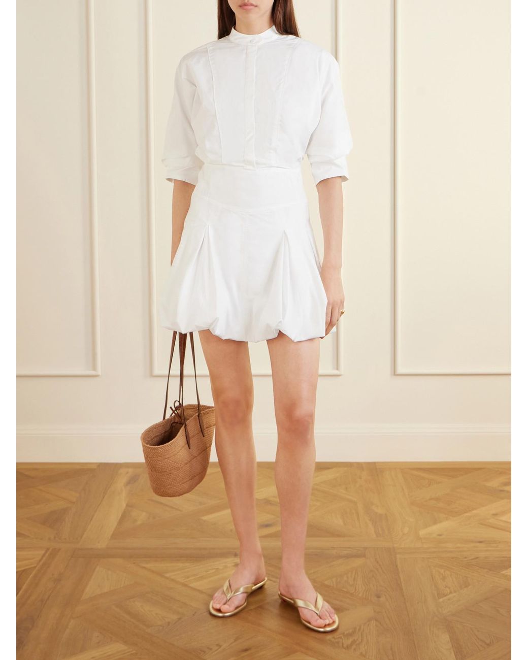 Jonathan Simkhai White Effie Bubble Pleated Cotton-Blend Poplin Mini Dress