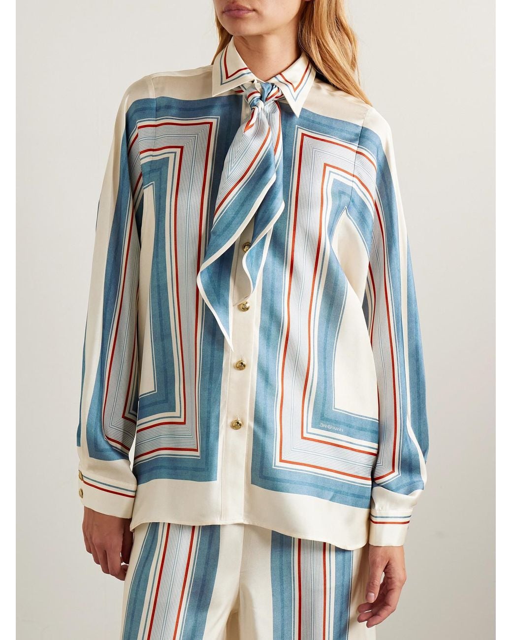 Zimmermann Blue Tie-Neck Striped Silk-Twill Shirt