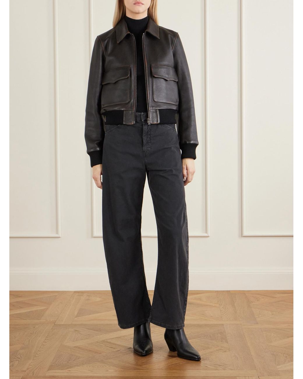 Nili Lotan Black Redley Rib-Trimmed Leather Bomber Jacket