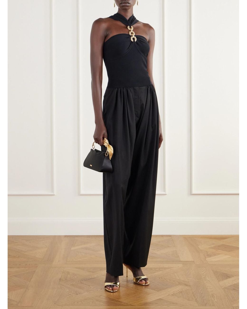 Cult Gaia Black Calla-Tone Floral-Embellished Satin Top-Handle Bag