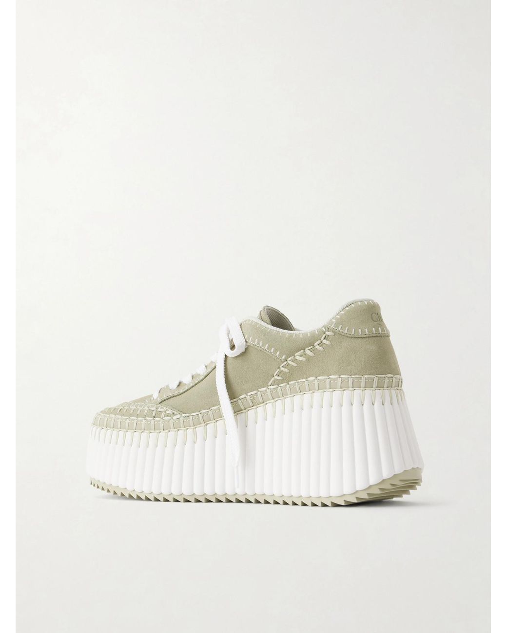 Chloé White Nama Patchwork Suede-Trimmed Leather Platform Sneakers