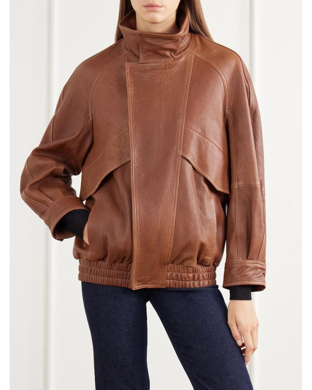 Nour Hammour Brown Ariste Oversized Paneled Leather Jacket