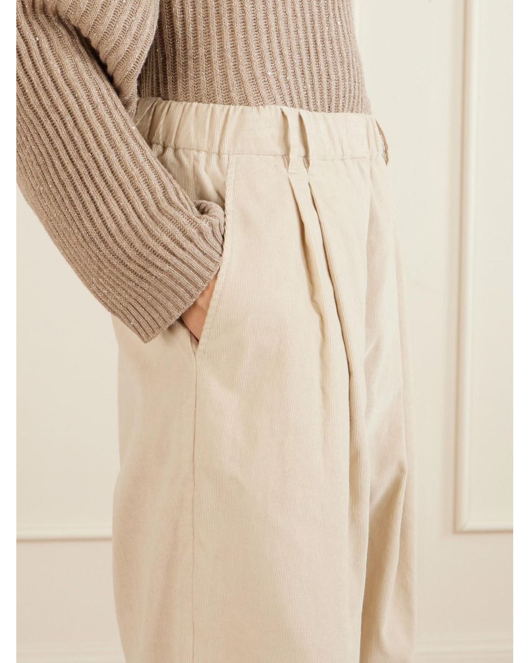 Brunello Cucinelli Natural Pleated Cotton, Lyocell And Cashmere-Blend Corduroy Wide-Leg Pants