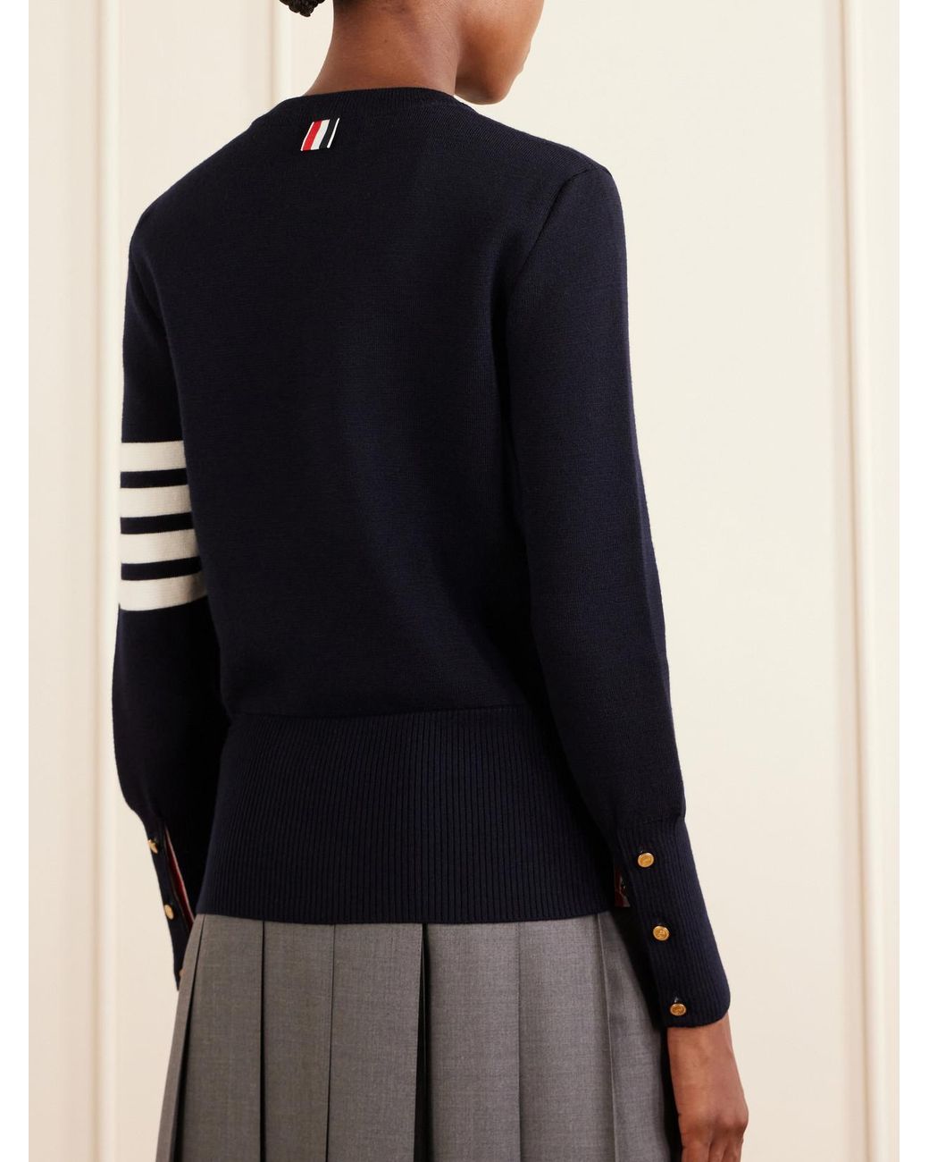 Thom Browne Blue Grosgrain-Trimmed Striped Wool Sweater