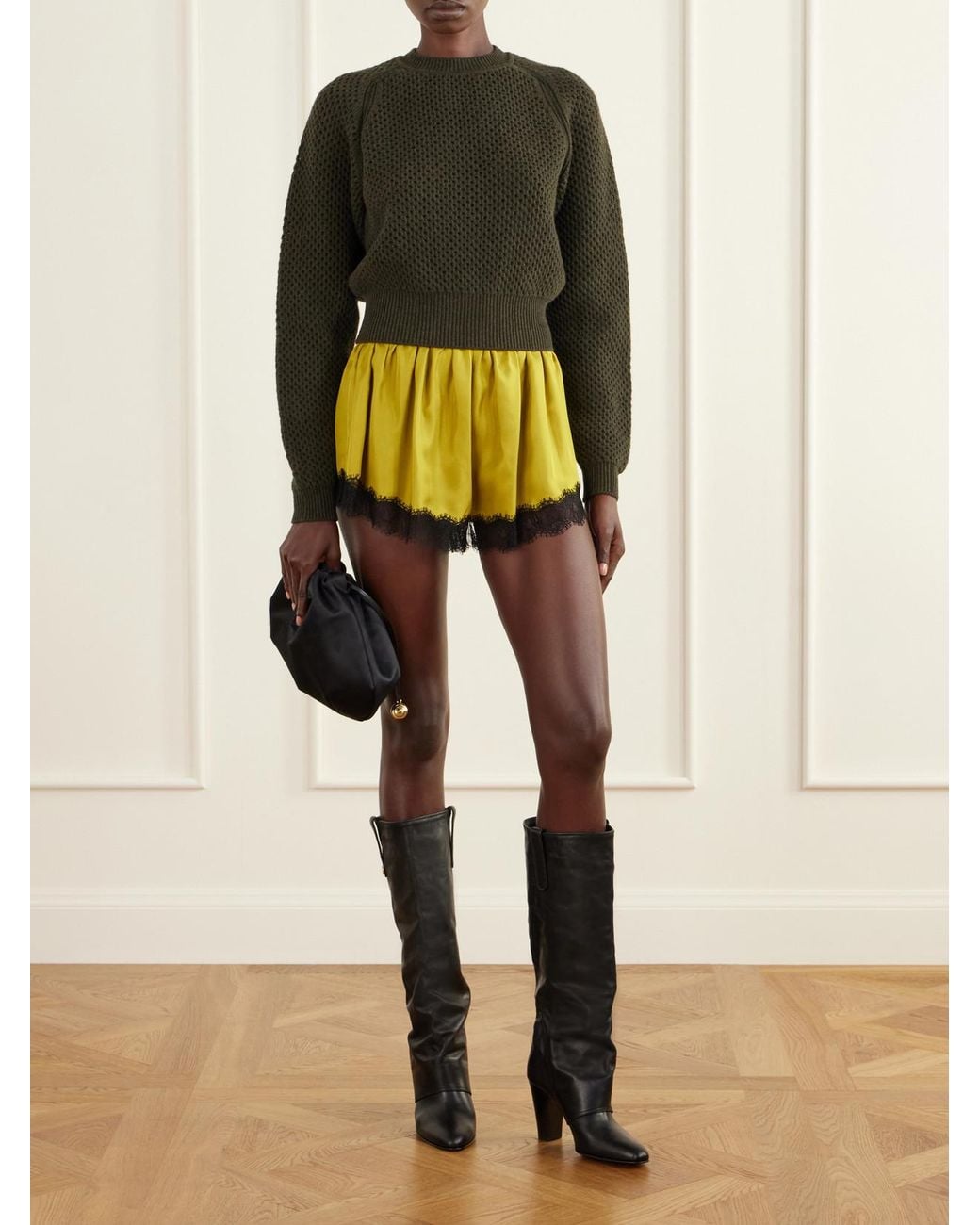 Ulla Johnson Yellow Georgina Chantilly Lace-Trimmed Silk-Twill Shorts