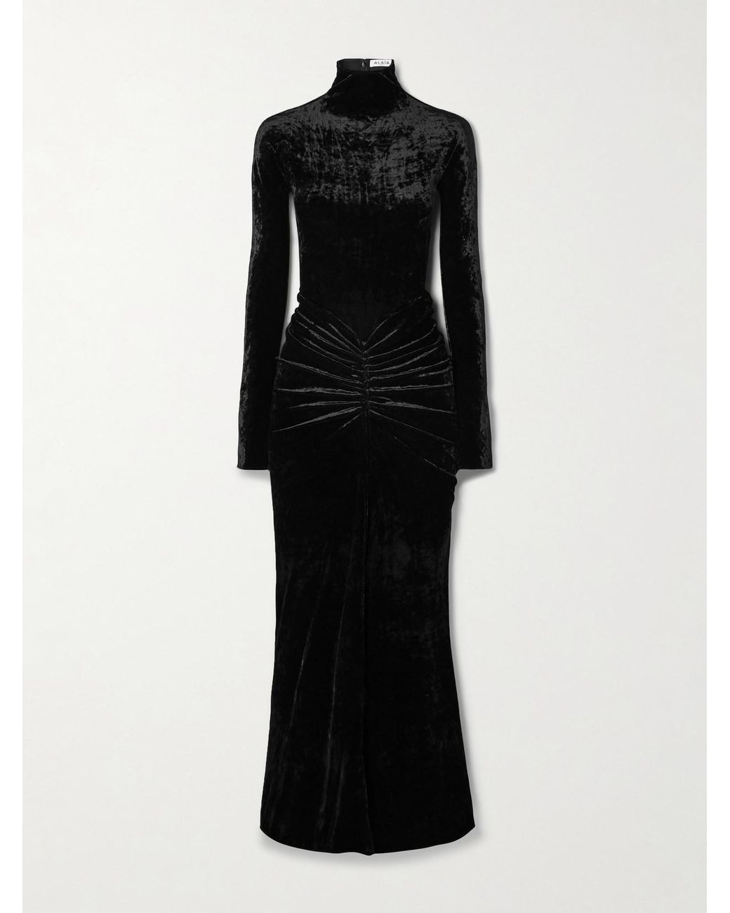 Alaïa Black Ruched Crushed-Velvet Turtleneck Midi Dress