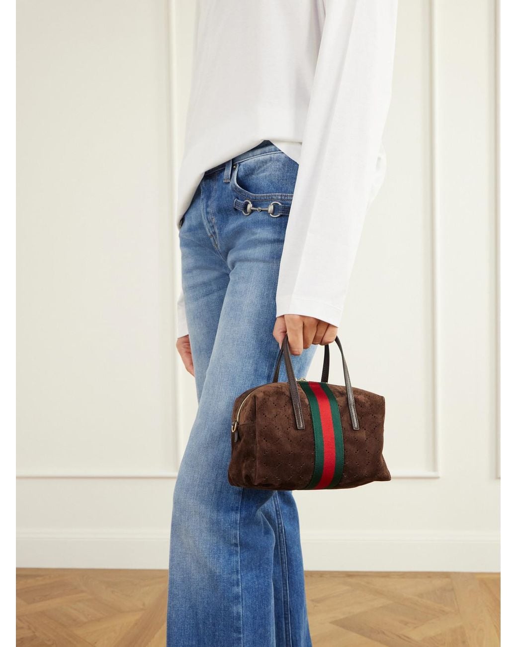 Gucci Red Essence Web And Leather-Trimmed Perforated Suede Shoulder Bag