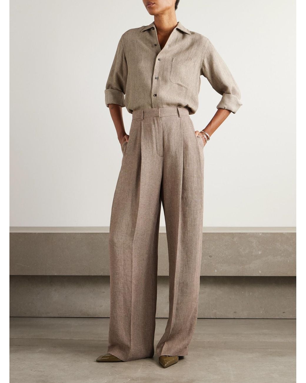 Loro Piana Natural Kurt Pleated Linen Wide-Leg Pants