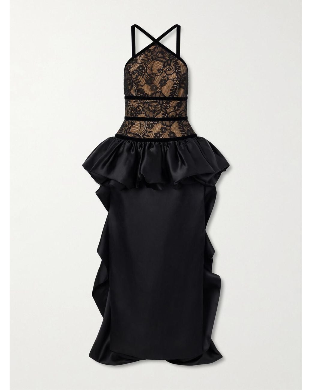 Elie Saab Black Peplum Trail-Hem Lace-Trimmed Silk-Blend Gown