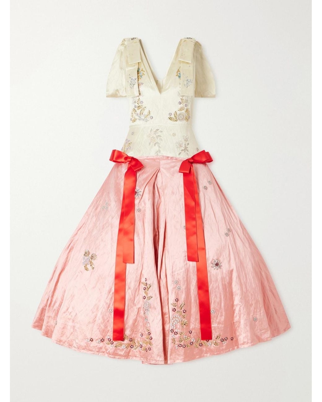Erdem Red Bow-Detailed Crystal-Embellished Crinkled-Satin Midi Gown
