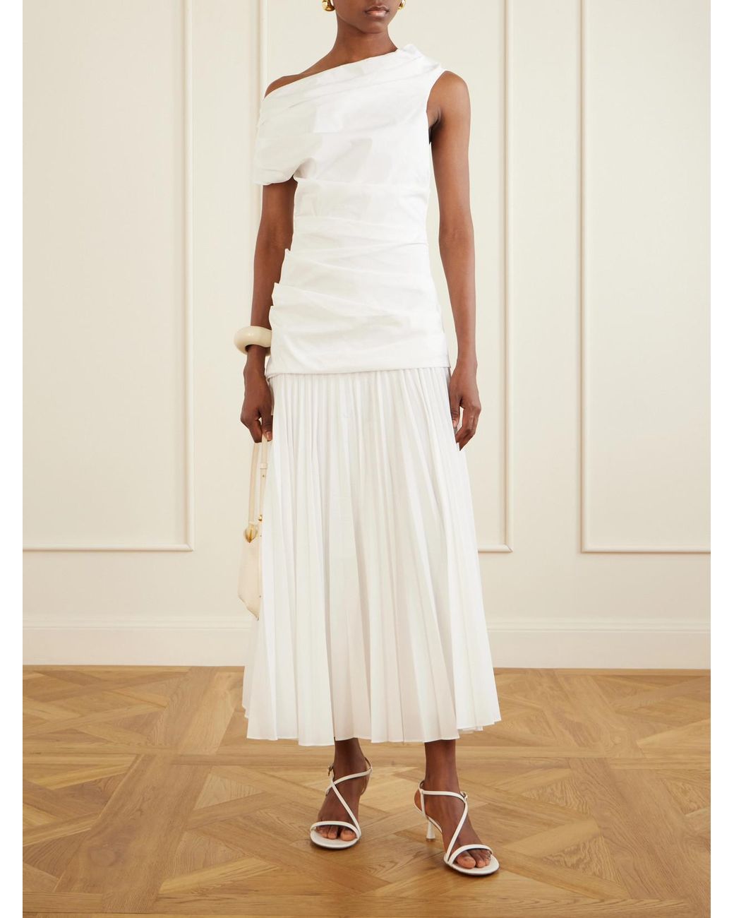 Jonathan Simkhai White Ammalie One-Shoulder Draped Pleated Poplin Midi Dress